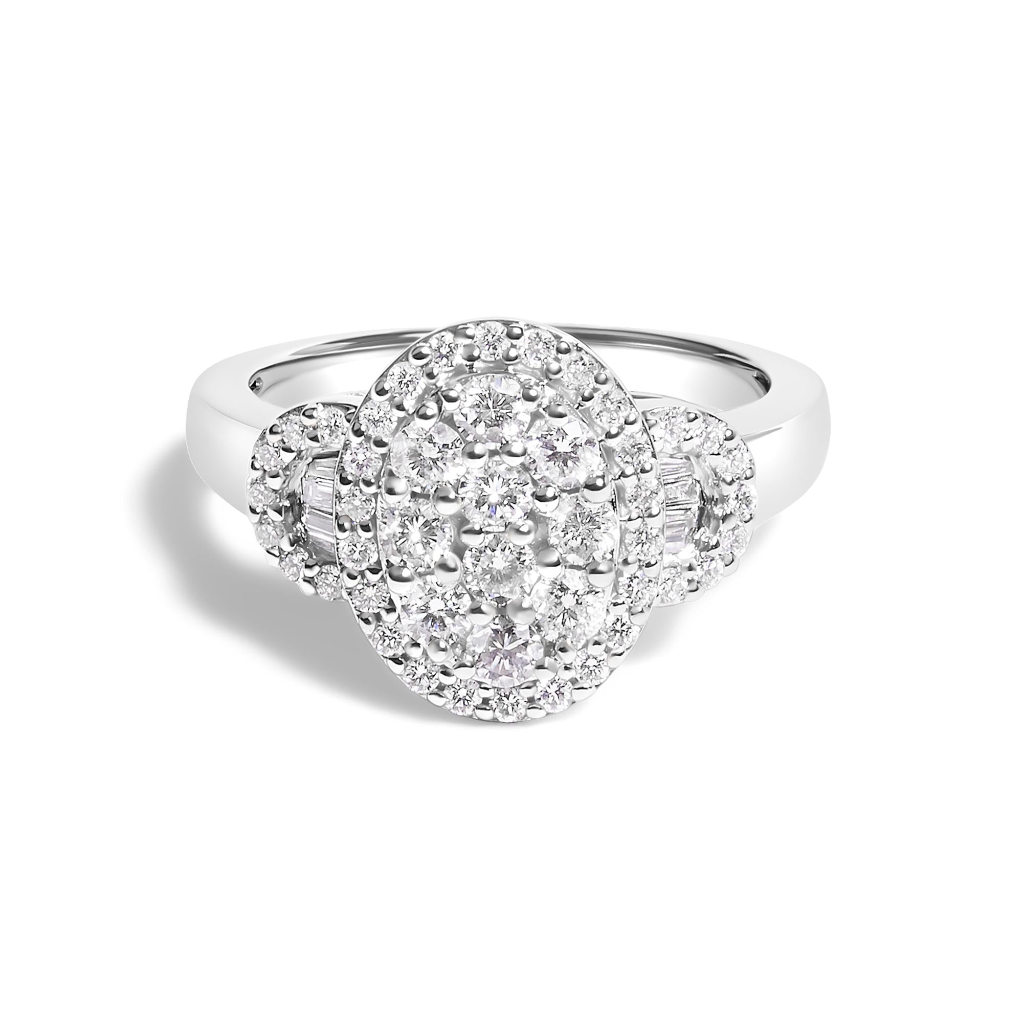 10K White Gold 1.0 Cttw Diamond Oval Cluster with Halo Vintage-Inspired Art Deco 3 Stone Style Statement Ring (G-H Color, SI1-SI2 Clarity)