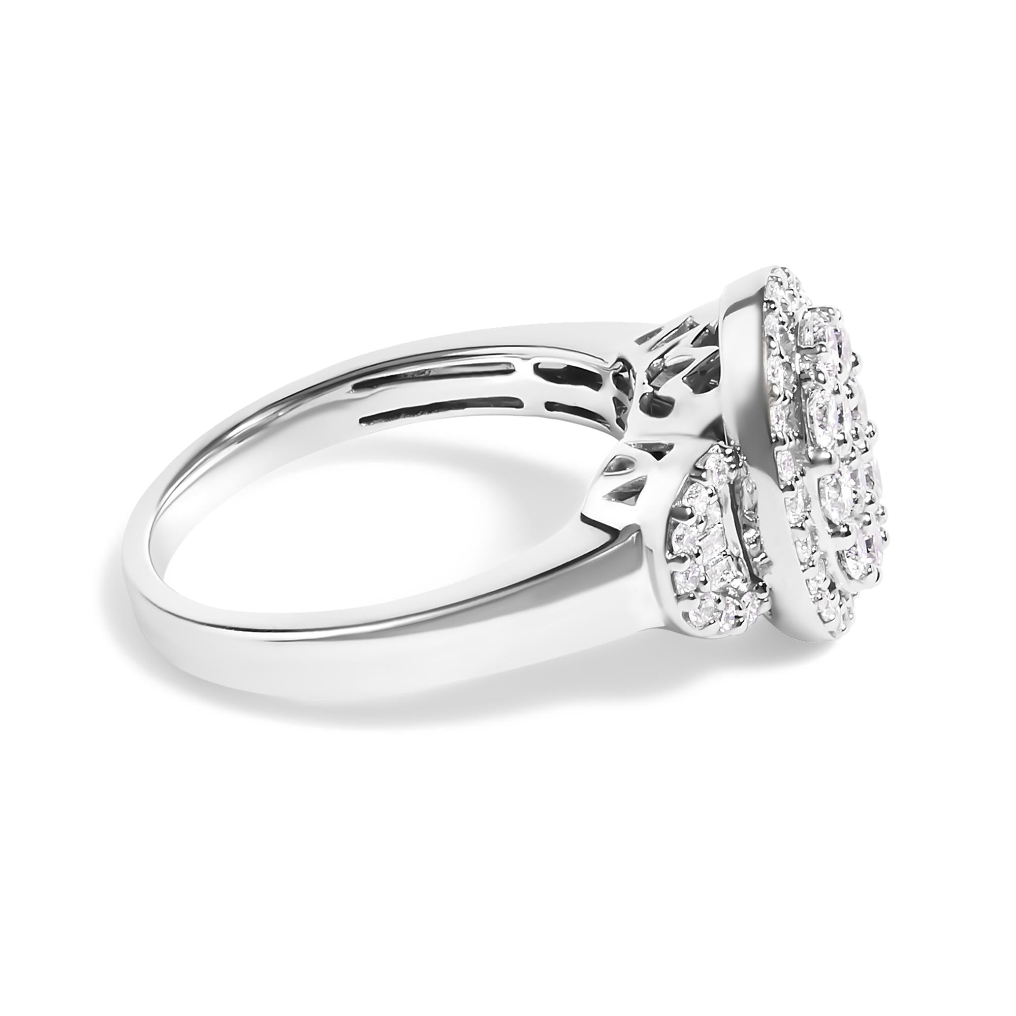 10K White Gold 1.0 Cttw Diamond Oval Cluster with Halo Vintage-Inspired Art Deco 3 Stone Style Statement Ring (G-H Color, SI1-SI2 Clarity)