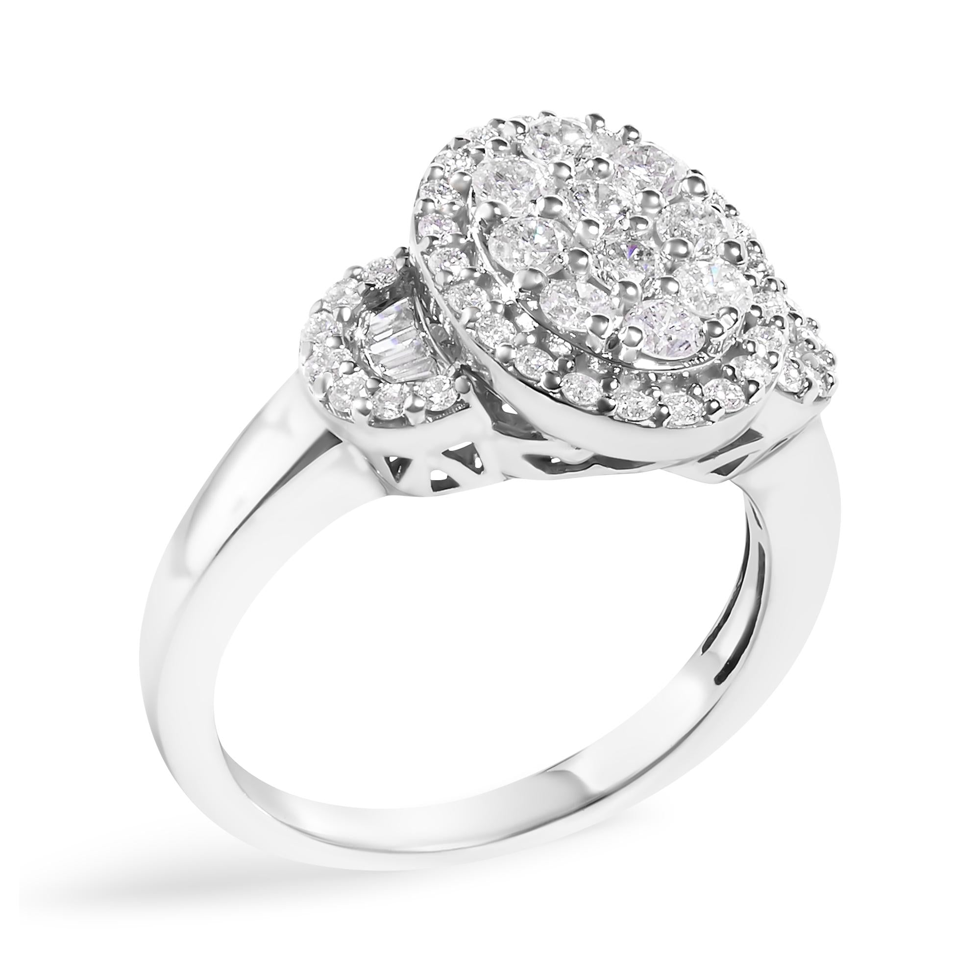 10K White Gold 1.0 Cttw Diamond Oval Cluster with Halo Vintage-Inspired Art Deco 3 Stone Style Statement Ring (G-H Color, SI1-SI2 Clarity)