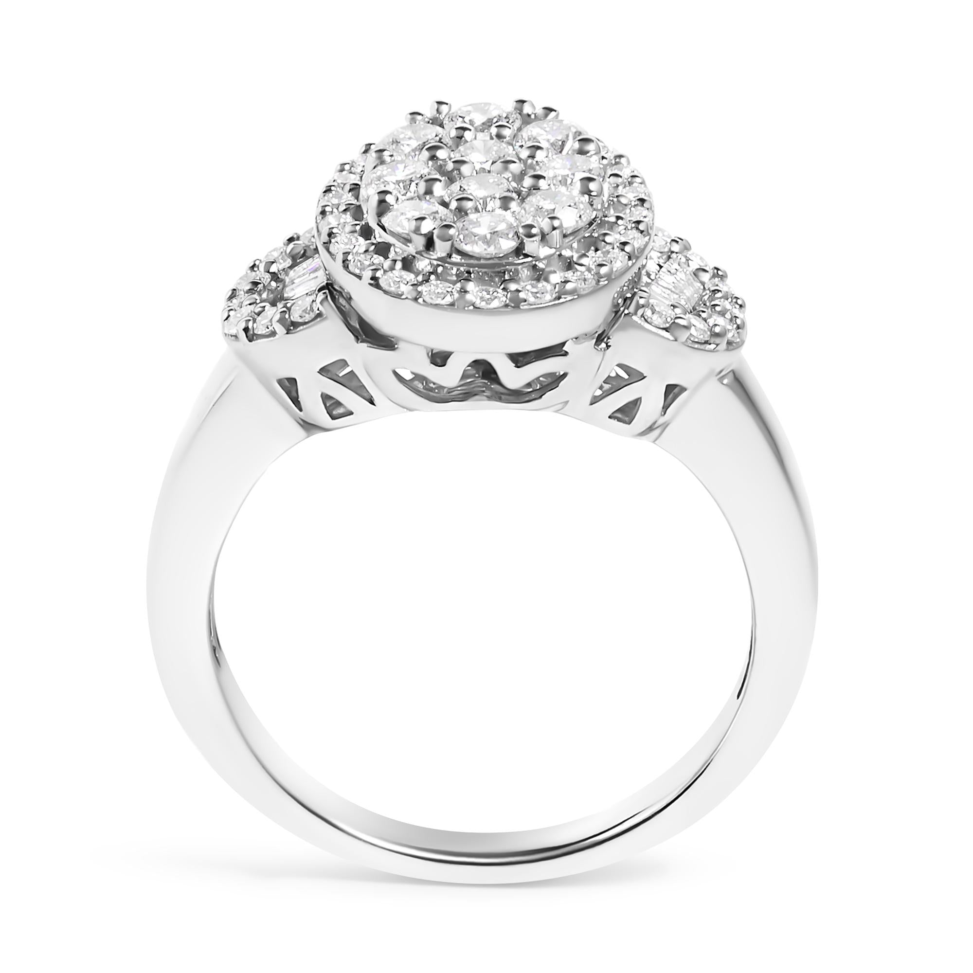 10K White Gold 1.0 Cttw Diamond Oval Cluster with Halo Vintage-Inspired Art Deco 3 Stone Style Statement Ring (G-H Color, SI1-SI2 Clarity)